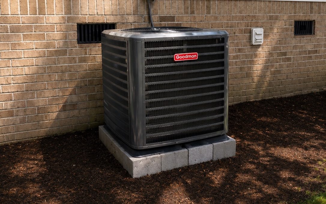 A Goodman condensing unit installed on a level paver pad at a home in Benson, NC
